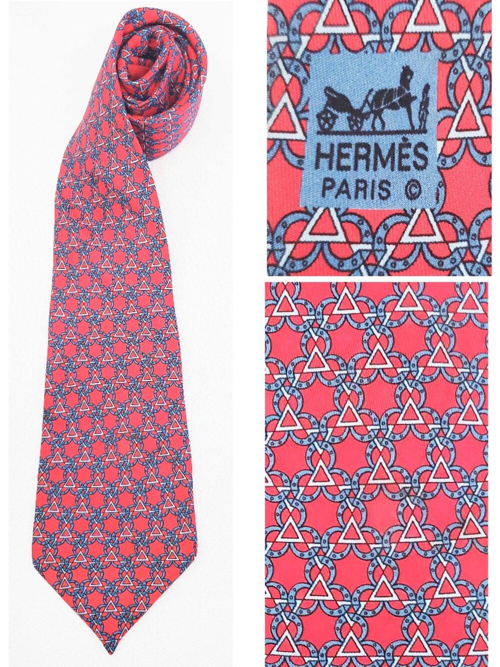 Hermes Men's Silk Red with Blue Geometric Pattern Neck Tie 7515 IA
